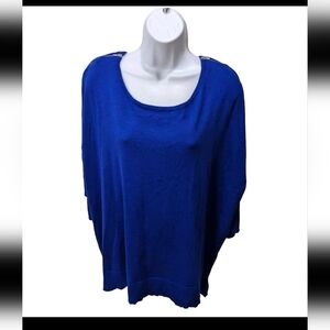 NWT Roz & Ali Pullover Sweater 3X Zip collar Blue Wide Dolman Sleeve Modern Boho